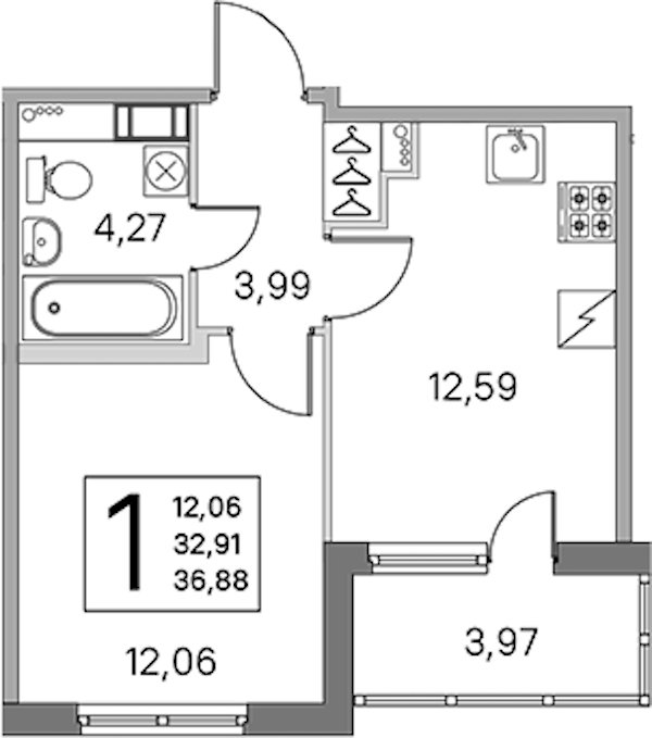 1-комнатная квартира 32.91 м², 3/5 эт., ЖК «ЮгТаун. Олимпийские кварталы»